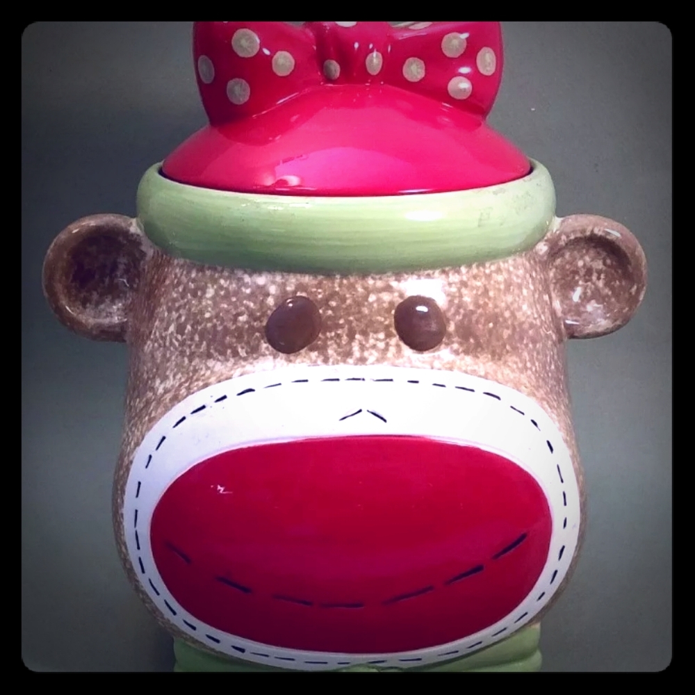 NWOT-Sock Monkey Earthenware cookie jar by Real Home